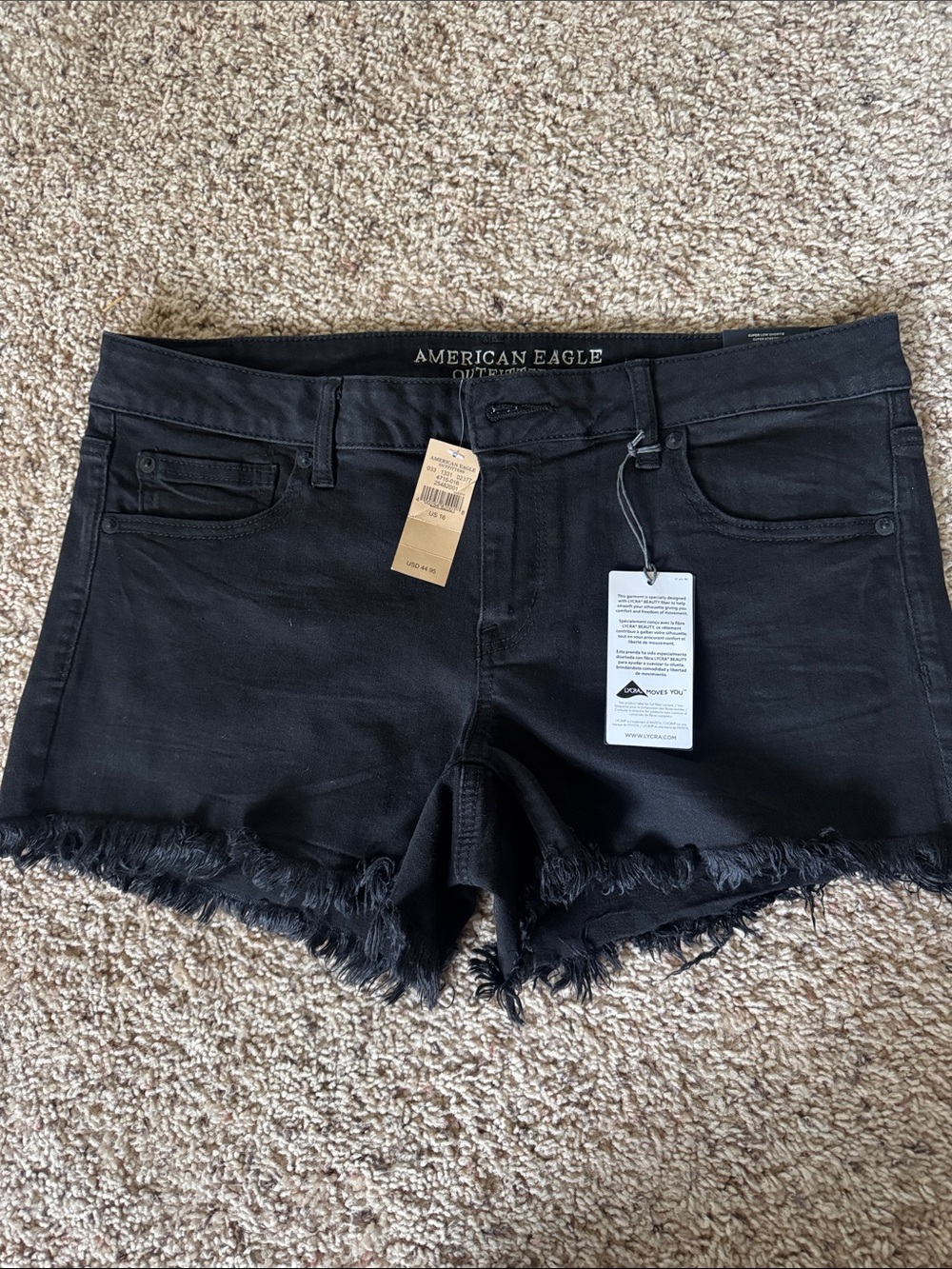 American Eagle Outfitters Black Frayed Hem Jean Shorts. Super Low Shortie